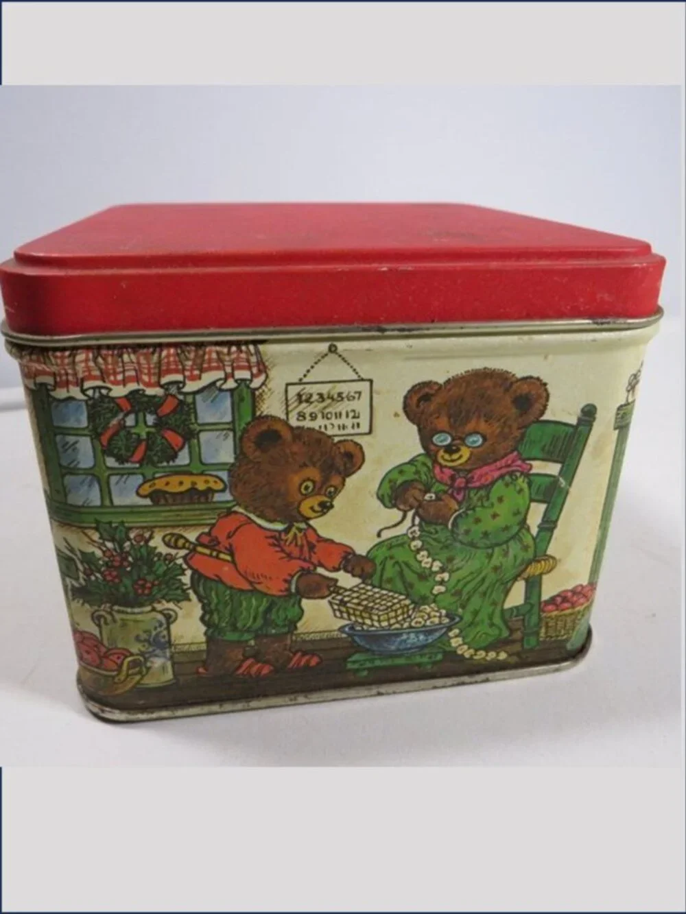 Vintage Teddy Bears in Kitchen Tin Container Square Holiday Metal Box Storage